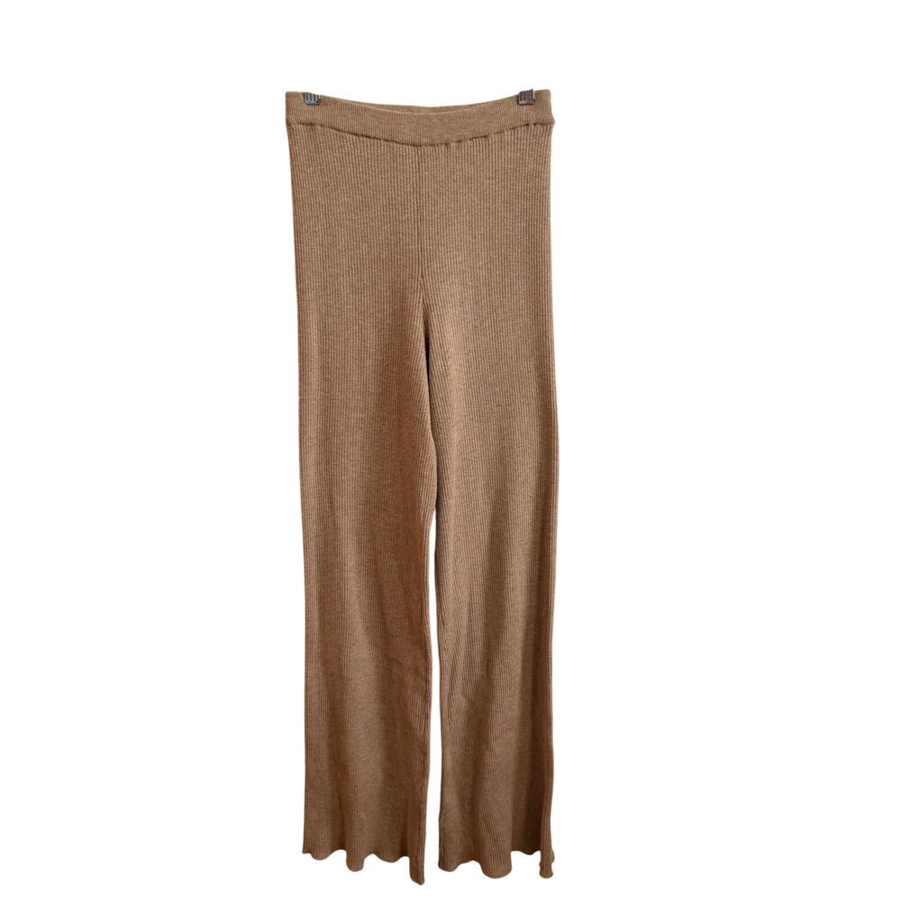 Meshki Rib Knit Wide Leg Pants Tan Brown Sz XS Scallop Hem Viscose Blend